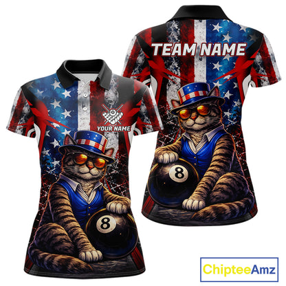Funny Cat 8 Ball Billiard Shirt For Women Custom Vintage US Flag Pool Team Jersey Polo & 1/4 Zip TDM5983