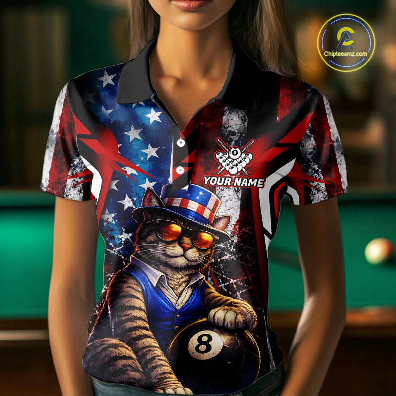 Funny Cat 8 Ball Billiard Shirt For Women Custom Vintage US Flag Pool Team Jersey Polo & 1/4 Zip TDM5983