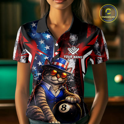 Funny Cat 8 Ball Billiard Shirt For Women Custom Vintage US Flag Pool Team Jersey Polo & 1/4 Zip TDM5983