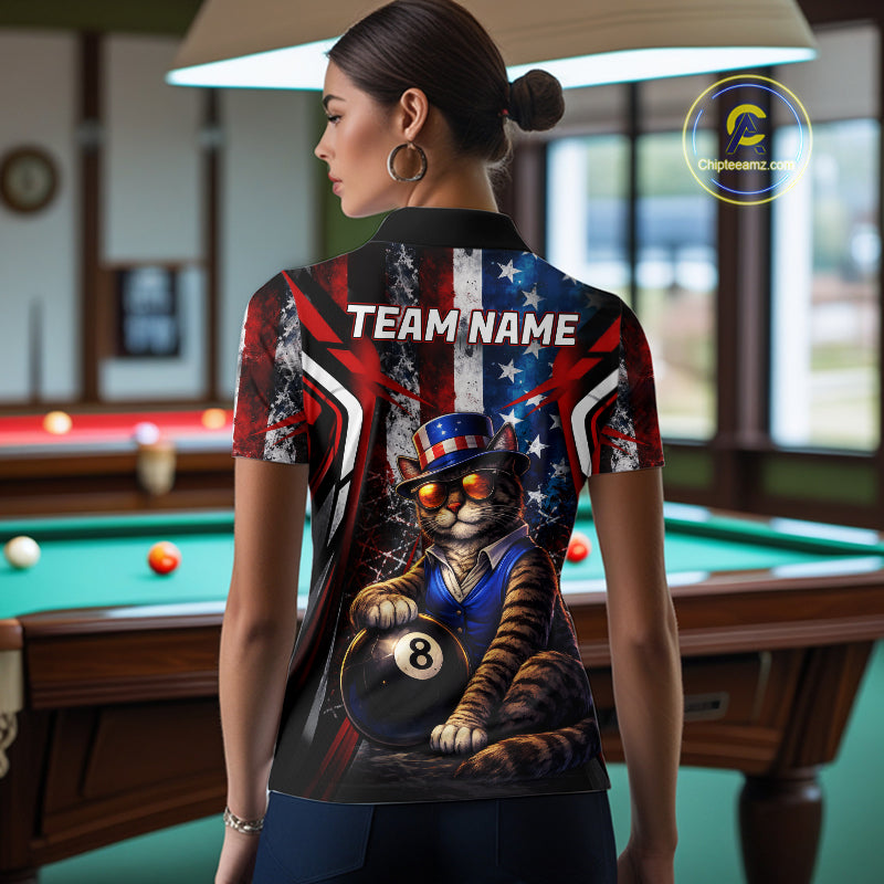 Funny Cat 8 Ball Billiard Shirt For Women Custom Vintage US Flag Pool Team Jersey Polo & 1/4 Zip TDM5983