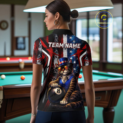Funny Cat 8 Ball Billiard Shirt For Women Custom Vintage US Flag Pool Team Jersey Polo & 1/4 Zip TDM5983