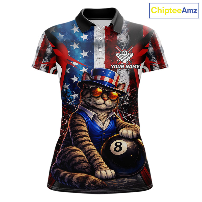 Funny Cat 8 Ball Billiard Shirt For Women Custom Vintage US Flag Pool Team Jersey Polo & 1/4 Zip TDM5983