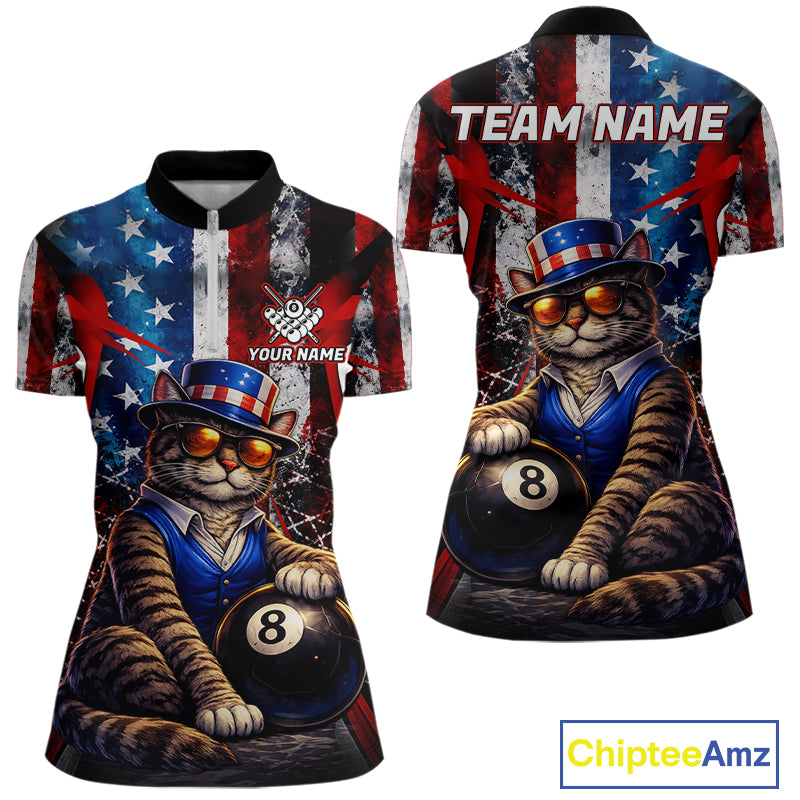 Funny Cat 8 Ball Billiard Shirt For Women Custom Vintage US Flag Pool Team Jersey Polo & 1/4 Zip TDM5983
