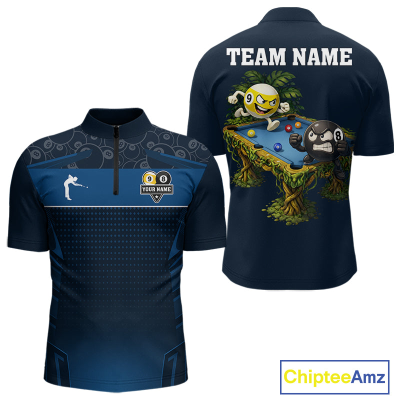 Blue Funny Tropical 8 Ball & 9 Ball Billiard Shirt For Men Custom Pool Team Jersey Polo & 1/4 Zip TDM6444