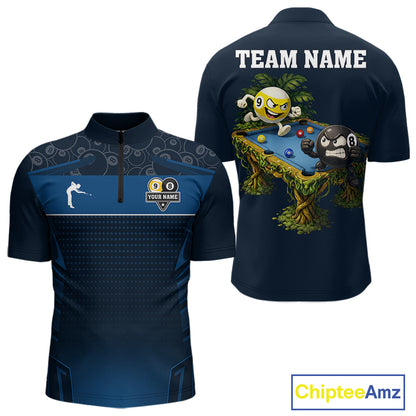 Blue Funny Tropical 8 Ball & 9 Ball Billiard Shirt For Men Custom Pool Team Jersey Polo & 1/4 Zip TDM6444