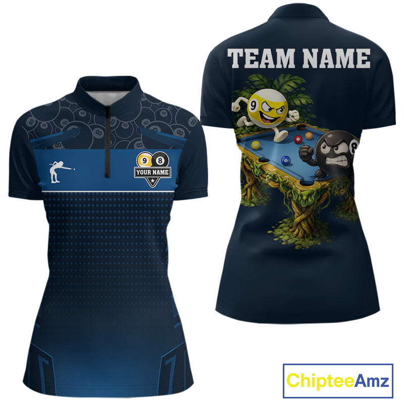 Blue Funny Tropical 8 Ball & 9 Ball Billiard Shirt For Women Custom Pool Team Jersey Polo & 1/4 Zip TDM6444