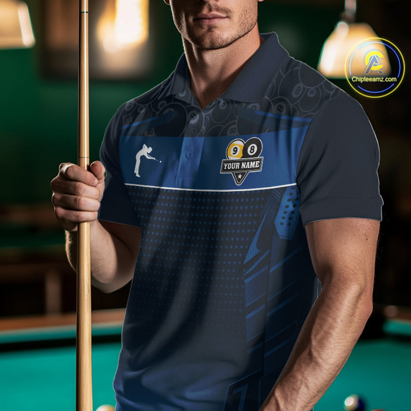 Blue Funny Cat 8 Ball & 9 Ball Billiard Shirt For Men Custom Pool Team Jersey Polo & 1/4 Zip TDM6445