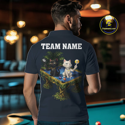 Blue Funny Cat 8 Ball & 9 Ball Billiard Shirt For Men Custom Pool Team Jersey Polo & 1/4 Zip TDM6445