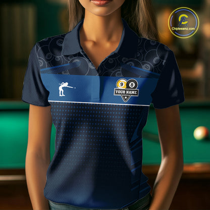 Blue Funny Cat 8 Ball & 9 Ball Billiard Shirt For Women Custom Pool Team Jersey Polo & 1/4 Zip TDM6445