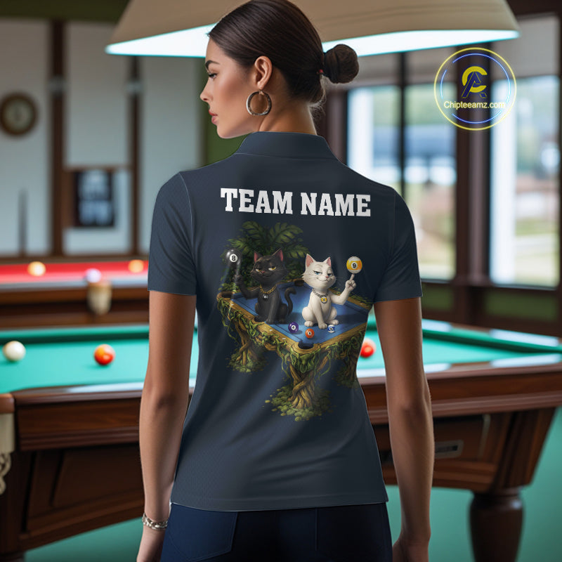 Blue Funny Cat 8 Ball & 9 Ball Billiard Shirt For Women Custom Pool Team Jersey Polo & 1/4 Zip TDM6445