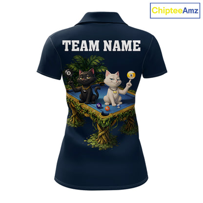 Blue Funny Cat 8 Ball & 9 Ball Billiard Shirt For Women Custom Pool Team Jersey Polo & 1/4 Zip TDM6445