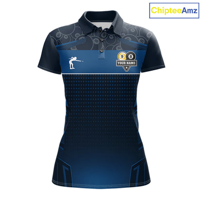Blue Funny Cat 8 Ball & 9 Ball Billiard Shirt For Women Custom Pool Team Jersey Polo & 1/4 Zip TDM6445