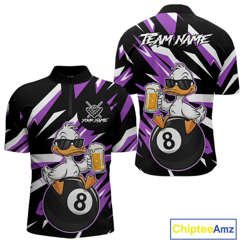 Custom Purple Funny Duck 8 Ball Pool Billiard Shirt For Men, Billiard Team Jersey Polo & 1/4 Zip TDM6449