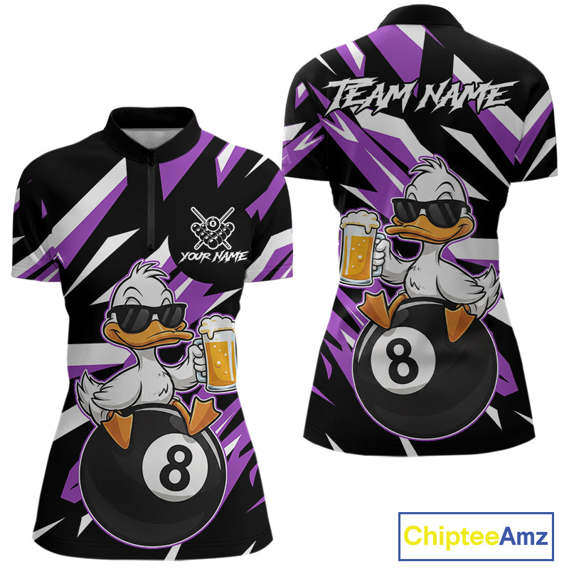 Custom Purple Funny Duck 8 Ball Pool Billiard Shirt For Women, Billiard Team Jersey Polo & 1/4 Zip TDM6449