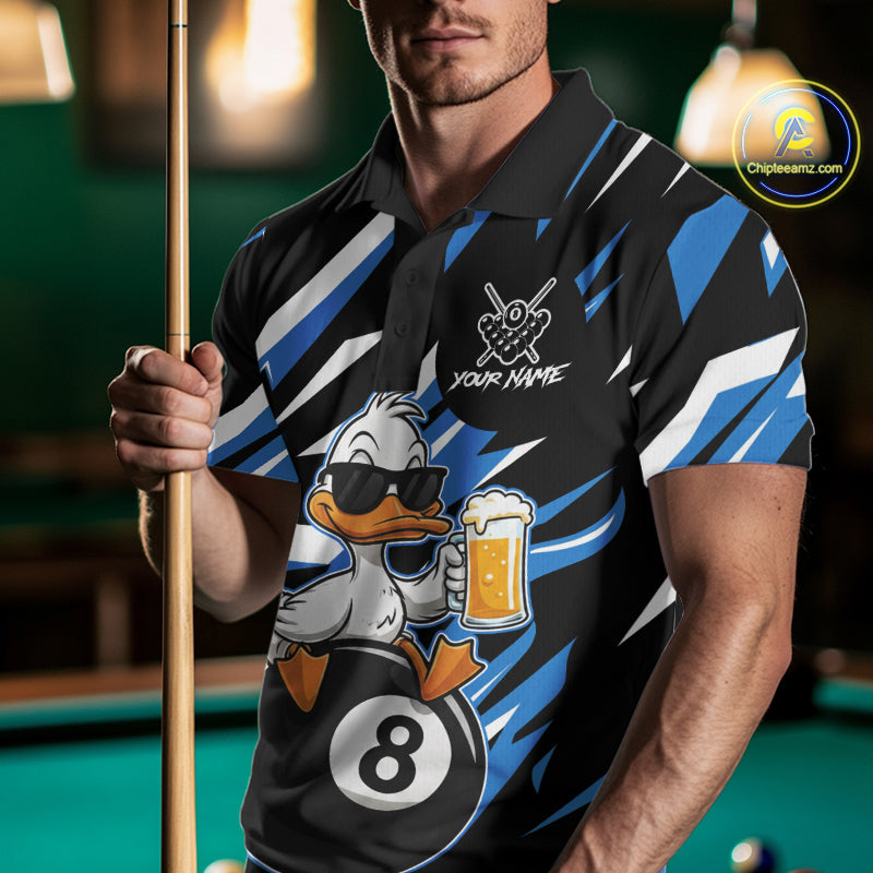 Custom Blue Funny Duck 8 Ball Pool Billiard Shirt For Men, Billiard Team Jersey Polo & 1/4 Zip TDM6450