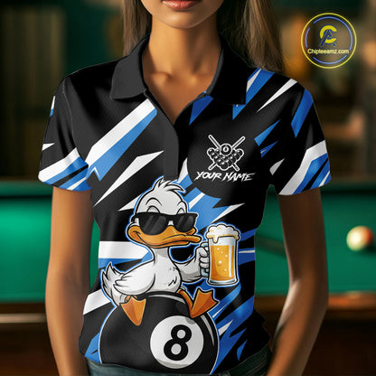 Custom Blue Funny Duck 8 Ball Pool Billiard Shirt For Women, Billiard Team Jersey Polo & 1/4 Zip TDM6450