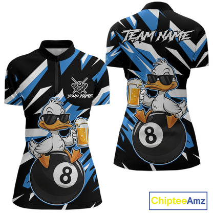 Custom Blue Funny Duck 8 Ball Pool Billiard Shirt For Women, Billiard Team Jersey Polo & 1/4 Zip TDM6450