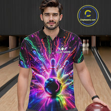 Load image into Gallery viewer, Man wearing colorful glowing bowling polo shirt front view.