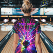 Load image into Gallery viewer, Woman wearing colorful glowing bowling polo shirt back view.