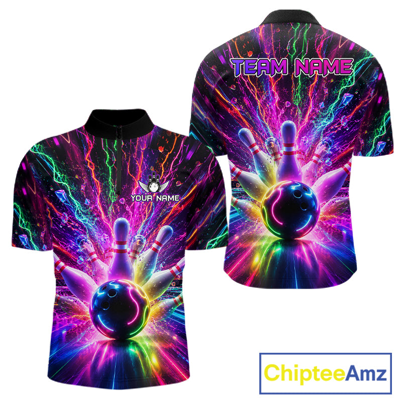 Colorful glowing bowling quarter zip shirt for men, custom bowling league jersey.