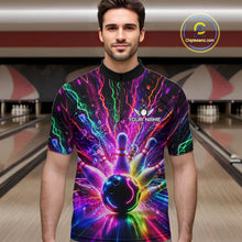 Load image into Gallery viewer, Man wearing colorful glowing bowling quarter zip shirt front view.
