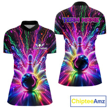 Load image into Gallery viewer, Colorful glowing bowling quarter zip shirt for women, custom bowling league jersey.