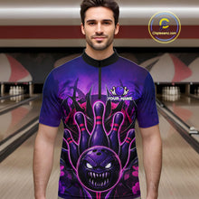 Load image into Gallery viewer, Man wearing purple neon monster bowling quarter zip shirt front view.