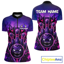 Load image into Gallery viewer, Purple neon monster bowling quarter zip shirt for women, custom bowling jersey.
