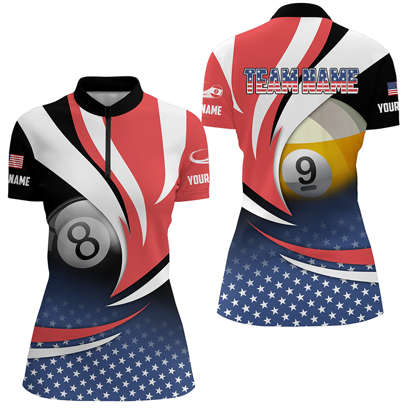8 Ball & 9 Ball Pool Custom American Flag Billiard Shirts For Women, Patriotic Billiard Pool Jerseys TDM2136