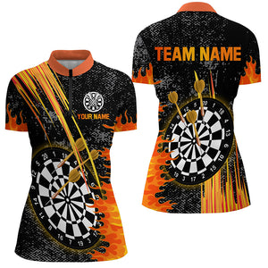 Custom Grey Grunge Orange Fire Flame Darts Shirts For Women, Darts Team Jerseys Short Sleeves TDM2635