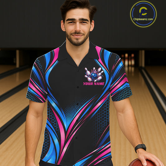 Black, Blue And Pink Custom Crown Bowling Hawaiian Shirt For Men Women, Bowling League Team Jersey TDM7721