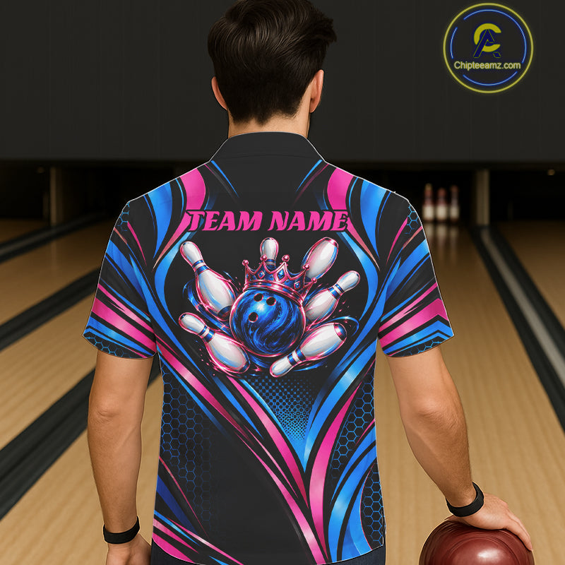 Black, Blue And Pink Custom Crown Bowling Hawaiian Shirt For Men Women, Bowling League Team Jersey TDM7721