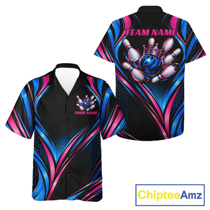 Black, Blue And Pink Custom Crown Bowling Hawaiian Shirt For Men Women, Bowling League Team Jersey TDM7721