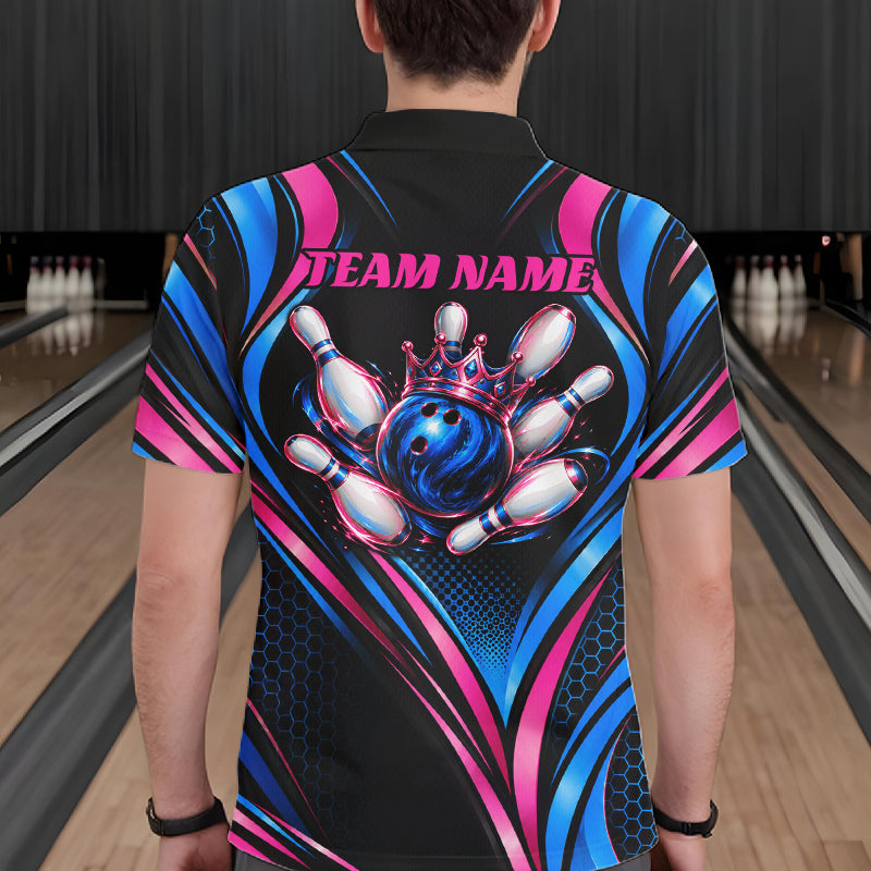 Black, Blue And Pink Custom Crown Bowling Shirts For Men, Bowling Team Jersey Polo & 1/4 Zip TDM7721