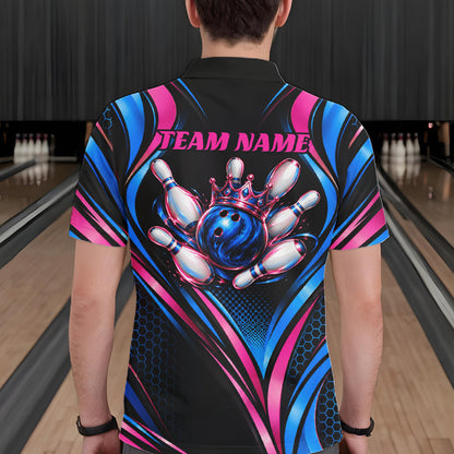 Black, Blue And Pink Custom Crown Bowling Shirts For Men, Bowling Team Jersey Polo & 1/4 Zip TDM7721