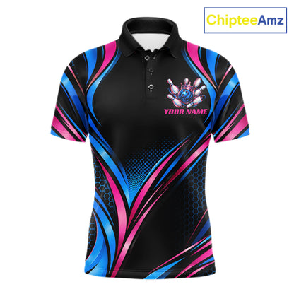 Black, Blue And Pink Custom Crown Bowling Shirts For Men, Bowling Team Jersey Polo & 1/4 Zip TDM7721