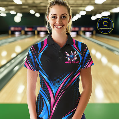Black, Blue And Pink Custom Crown Bowling Shirts For Women, Bowling Team Jersey Polo & 1/4 Zip TDM7721