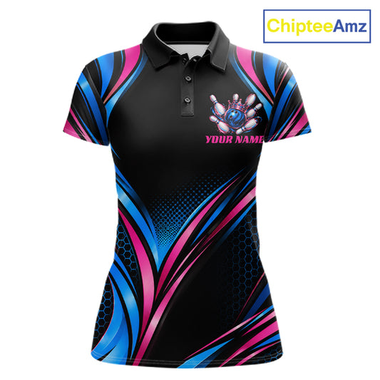 Black, Blue And Pink Custom Crown Bowling Shirts For Women, Bowling Team Jersey Polo & 1/4 Zip TDM7721
