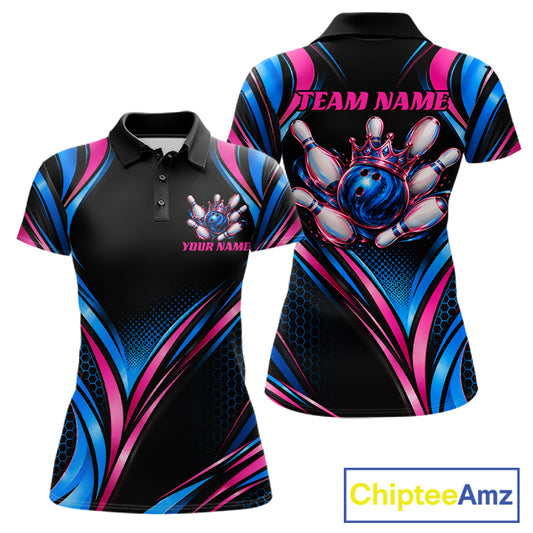 Black, Blue And Pink Custom Crown Bowling Shirts For Women, Bowling Team Jersey Polo & 1/4 Zip TDM7721