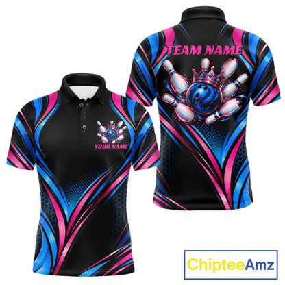 Black, Blue And Pink Custom Crown Bowling Shirts For Men, Bowling Team Jersey Polo & 1/4 Zip TDM7721