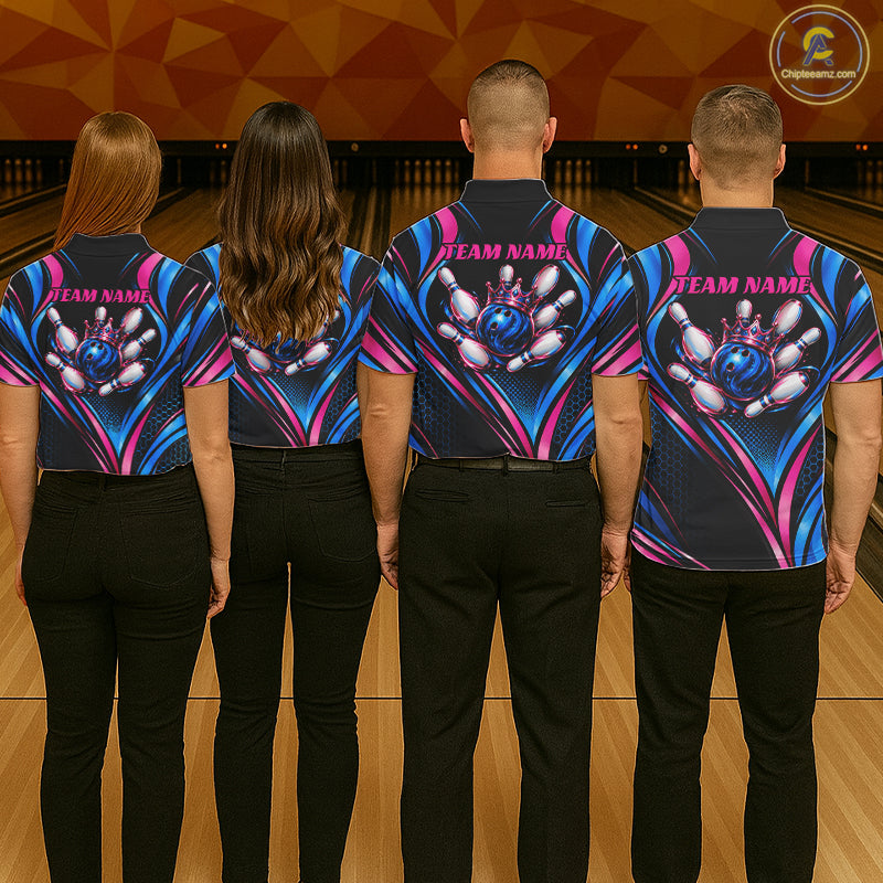 Black, Blue And Pink Custom Crown Bowling Shirts For Men, Bowling Team Jersey Polo & 1/4 Zip TDM7721