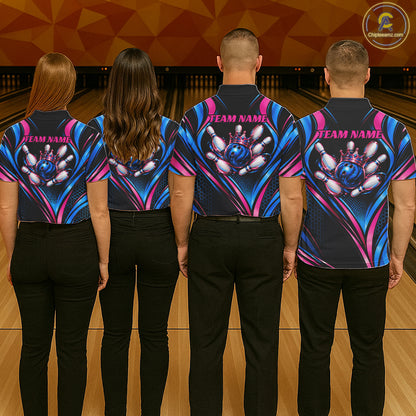 Black, Blue And Pink Custom Crown Bowling Shirts For Men, Bowling Team Jersey Polo & 1/4 Zip TDM7721