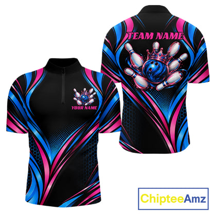 Black, Blue And Pink Custom Crown Bowling Shirts For Men, Bowling Team Jersey Polo & 1/4 Zip TDM7721