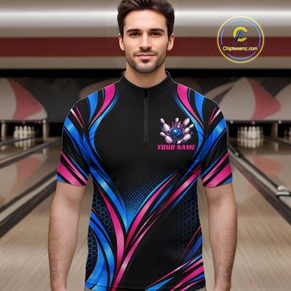 Black, Blue And Pink Custom Crown Bowling Shirts For Men, Bowling Team Jersey Polo & 1/4 Zip TDM7721