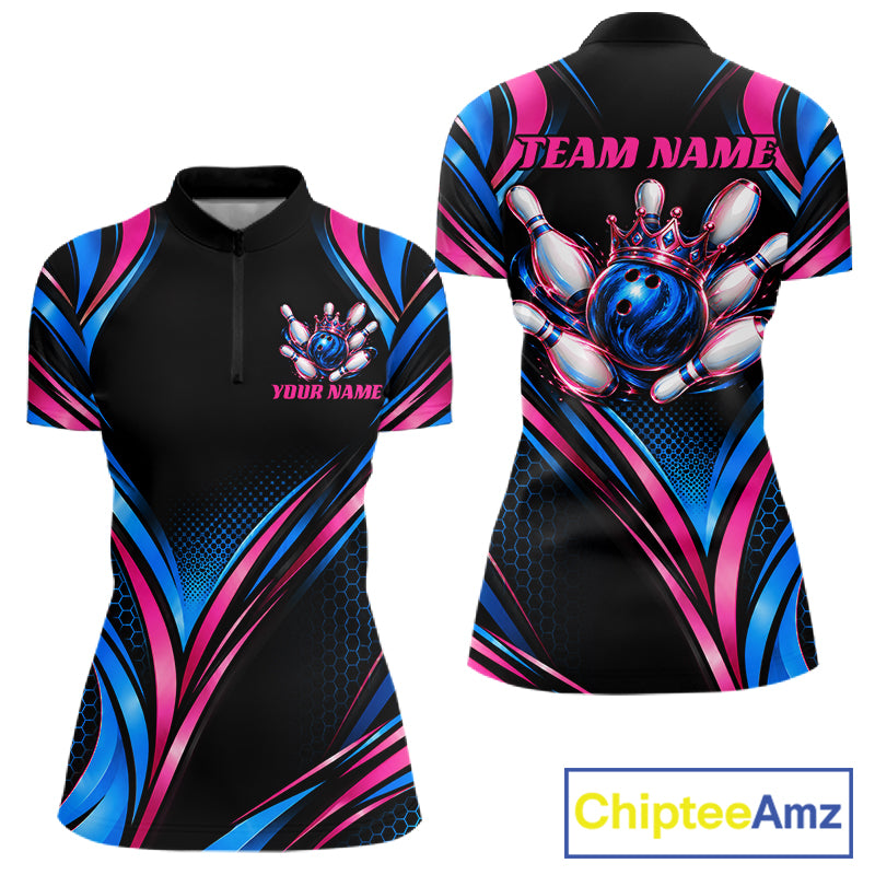 Black, Blue And Pink Custom Crown Bowling Shirts For Women, Bowling Team Jersey Polo & 1/4 Zip TDM7721