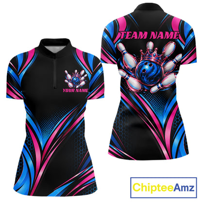 Black, Blue And Pink Custom Crown Bowling Shirts For Women, Bowling Team Jersey Polo & 1/4 Zip TDM7721