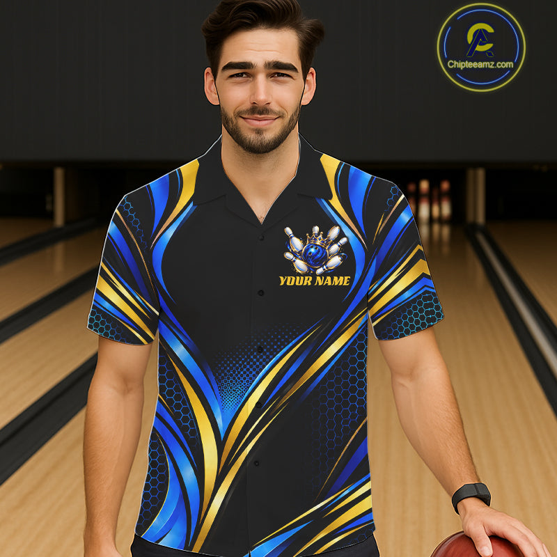 Black, Blue And Gold Custom Crown Bowling Hawaiian Shirt For Men Women, Bowling League Team Jersey TDM7722