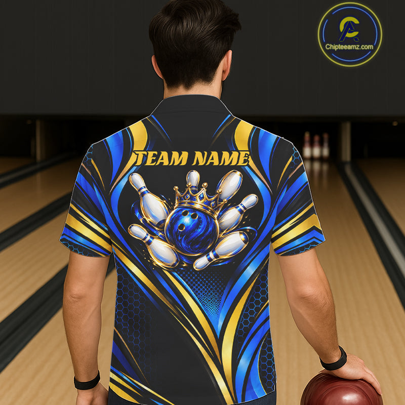 Black, Blue And Gold Custom Crown Bowling Hawaiian Shirt For Men Women, Bowling League Team Jersey TDM7722