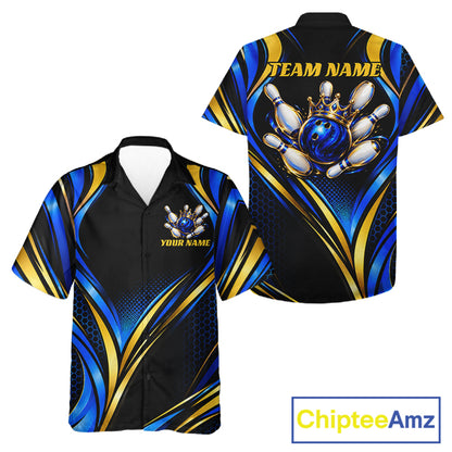 Black, Blue And Gold Custom Crown Bowling Hawaiian Shirt For Men Women, Bowling League Team Jersey TDM7722
