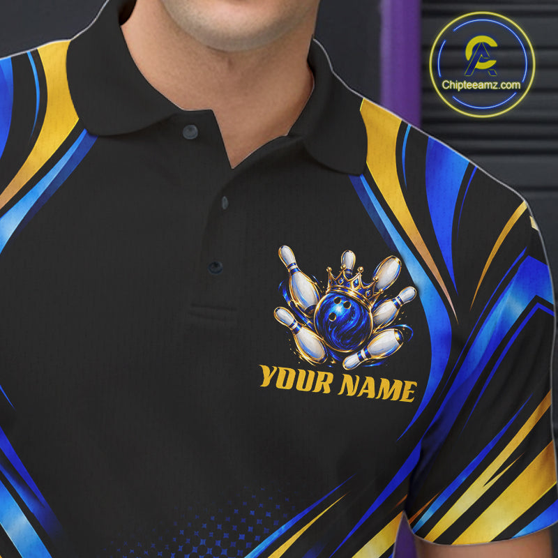 Black, Blue And Gold Custom Crown Bowling Shirts For Men, Bowling Team Jersey Polo & 1/4 Zip TDM7722